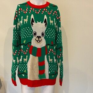 Festive Ugly Sweater Green Llama Crewneck Sweater Size‎ L Holiiday